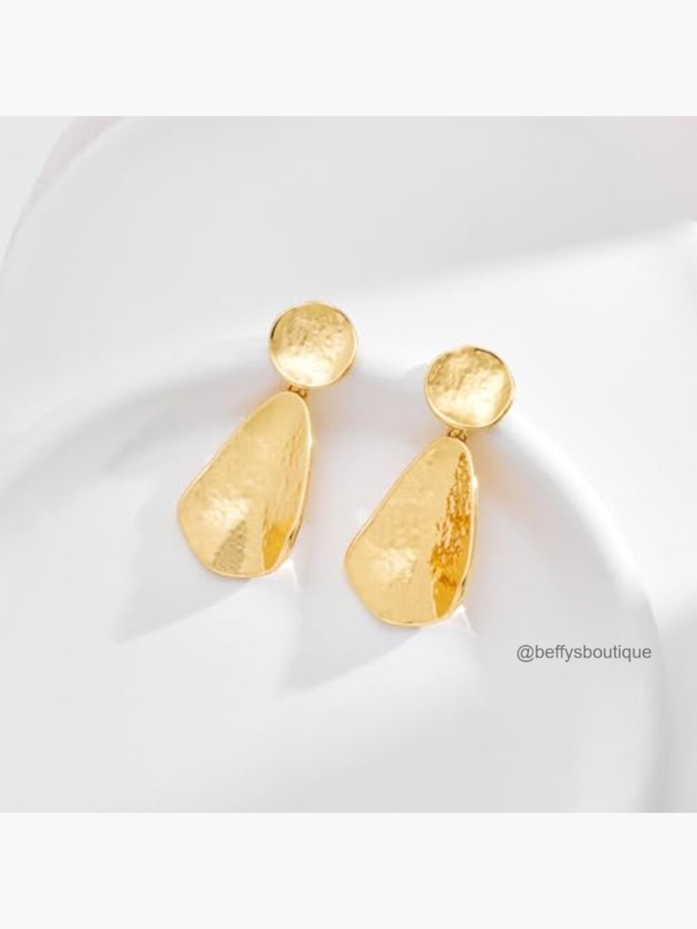 Clip On Hammered Geometric Dangle Earrings Gold Plated Brass - Picture 7 of 7